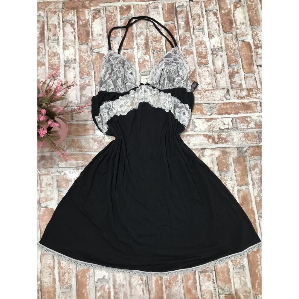2013 Victoria's Secret Black & White Modal Slip Dress V Neck Trim Lace Sz Med